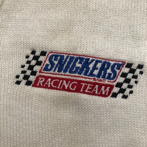 VTG DEADSTOCK Rare Velva Sheen Ivory Cream Snickers Racing V-Neck Sweater Sz XL - Picture 12 of 16